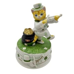 VTG Kitty Cucumber orange Irish Cat Music Box Porcelain Fiddler St Patricks